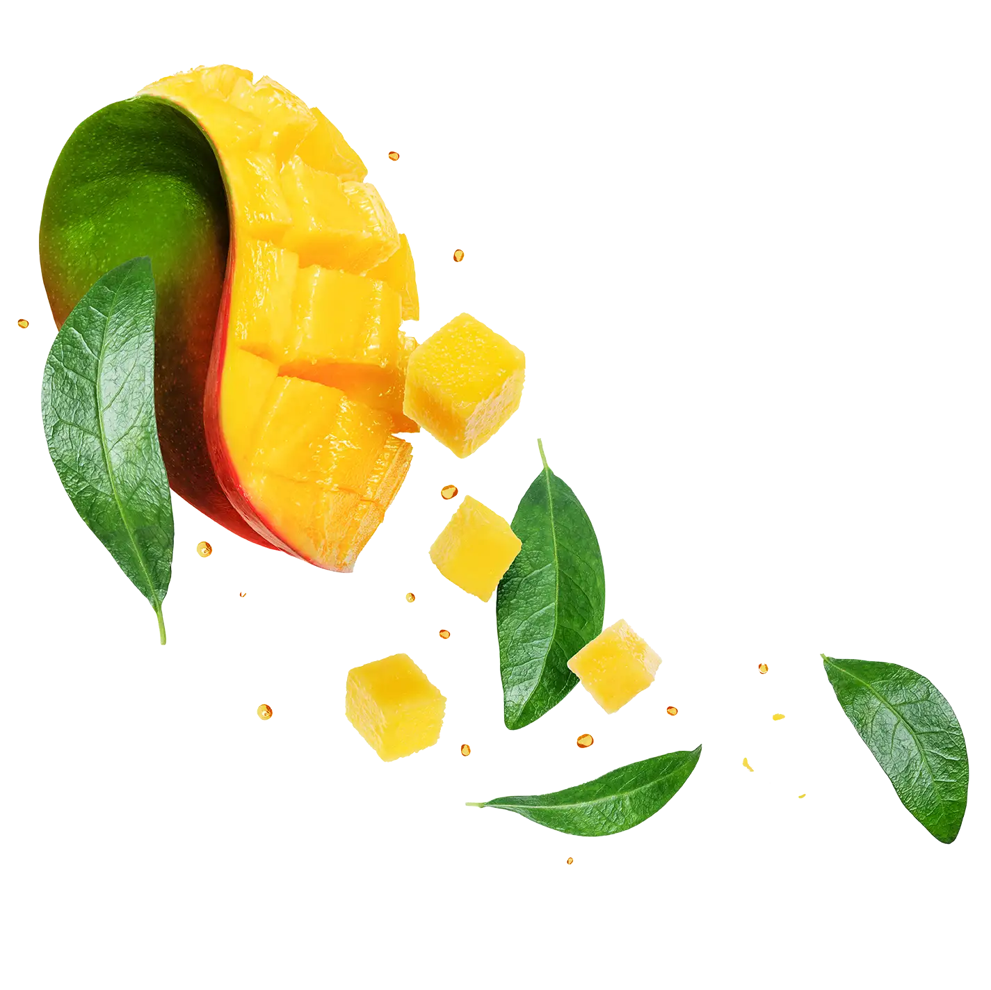 Cut up mango with some green leaves falling away from the mango